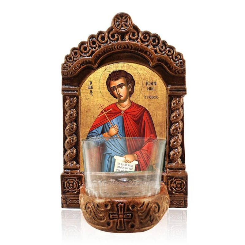 Εικόνα Ορθοδοξίας με περίγραμμα χρυσό σε ξύλο Φλαμουρίας  με  βάση Αγρυπνός Άγιος Ιωάννης ο Ρώσος, Άγιος Ιωάννης ο Νεομάρτυρας της Ρωσίας Ελληνικής κατασκευής Επιτραπέζια εικόνα, Χειροποίητο Κεραμικό Φωτιστικό Αγρυπνίας με Γυάλινο Κύπελλο Διάσταση 26x20 cm (10,2 x 7,9 ίντσες) INTRAEK-3216723888
