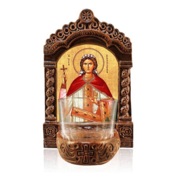 Εικόνα Ορθοδοξίας με περίγραμμα χρυσό σε ξύλο Φλαμουρίας με βάση Φωτιστικό Αγρυπνίας Αγίας Καλλιόπης, Επιτραπέζια εικόνα Αγίας Καλλιόπης Ελληνικής κατασκευής, Χειροποίητο Κεραμικό Φωτιστικό με Γυάλινο Κύπελλο Διάσταση 10x7 cm (3,9 x 2,8 ίντσες) INTRAEK-816723887 - Image 1