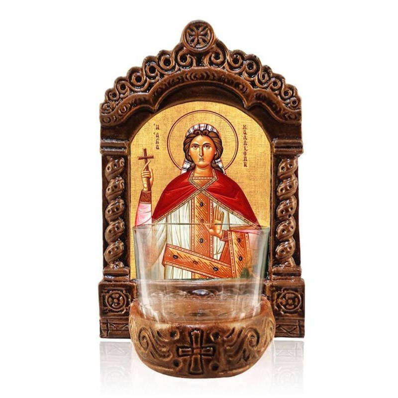 Εικόνα Ορθοδοξίας με περίγραμμα χρυσό σε ξύλο Φλαμουρίας  με  βάση Φωτιστικό Αγρυπνίας Αγίας Καλλιόπης, Επιτραπέζια εικόνα Αγίας Καλλιόπης Ελληνικής κατασκευής, Χειροποίητο Κεραμικό Φωτιστικό με Γυάλινο Κύπελλο Διάσταση 26x20 cm (10,2 x 7,9 ίντσες) INTRAEK-3216723887