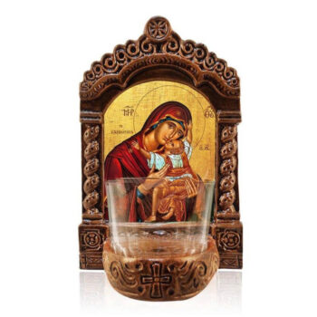 Εικόνα Ορθοδοξίας με περίγραμμα χρυσό σε ξύλο Φλαμουρίας  με  βάση Παναγία της Καρδιάς Φωτιστικό Αγρυπνίας, Παναγία Θεοτόκος, Ελληνικής κατασκευής Επιτραπέζια Εικόνα, Χειροποίητο Κεραμικό Φωτιστικό Αγρυπνίας με Γυάλινο Κύπελλο Διάσταση 15x11 cm (5,9 x 4,3 ίντσες) INTRAEK-16723886 - Image 1