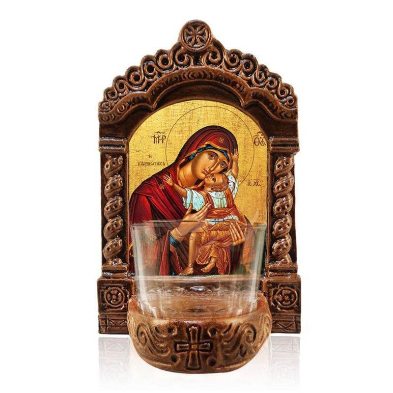 Εικόνα Ορθοδοξίας με περίγραμμα χρυσό σε ξύλο Φλαμουρίας  με  βάση Παναγία της Καρδιάς Φωτιστικό Αγρυπνίας, Παναγία Θεοτόκος, Ελληνικής κατασκευής Επιτραπέζια Εικόνα, Χειροποίητο Κεραμικό Φωτιστικό Αγρυπνίας με Γυάλινο Κύπελλο Διάσταση 26x20 cm (10,2 x 7,9 ίντσες) INTRAEK-3216723886