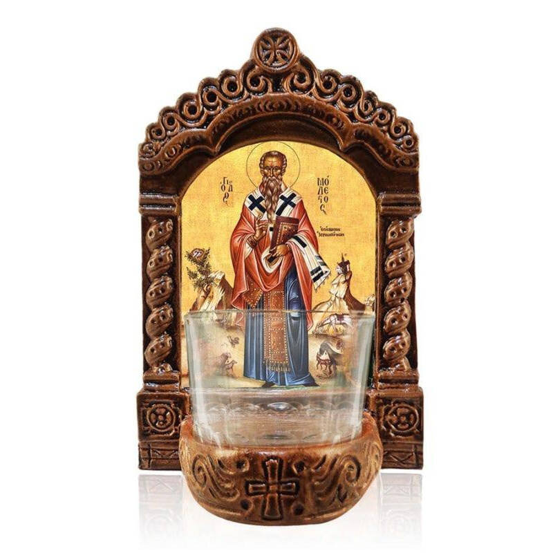 Εικόνα Ορθοδοξίας με περίγραμμα χρυσό σε ξύλο Φλαμουρίας  με  βάση Φωτιστικό Αγρυπνίας Αγίου Μοδέστου, Επιτραπέζια εικόνα του Αγίου Μόδεστου, Ελληνικής κατασκευής Επιτραπέζιο Φωτιστικό, Χειροποίητο Κεραμικό Φωτιστικό με Γυάλινο Κύπελλο Διάσταση 10x7 cm (3,9 x 2,8 ίντσες) INTRAEK-816723879