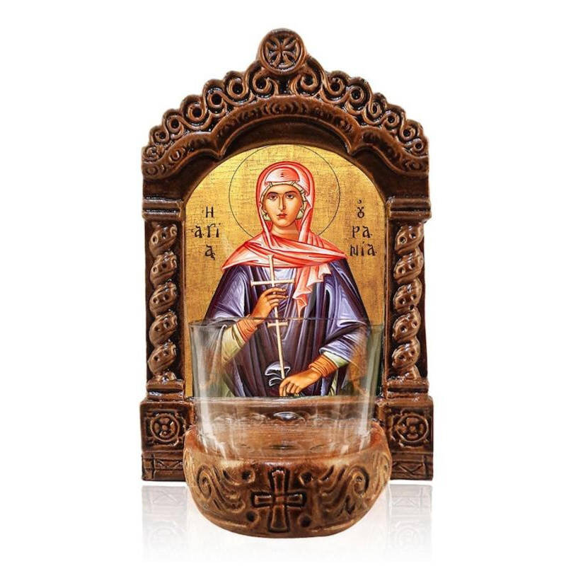 Εικόνα Ορθοδοξίας με περίγραμμα χρυσό σε ξύλο Φλαμουρίας  με  βάση Φωτιστικό Αγρυπνίας Αγίας Ουρανίας, Επιτραπέζιο Εικονίδιο Ελληνικής κατασκευής Αγίας Ουρανίας, Χειροποίητο Κεραμικό Φωτιστικό με Γυάλινο Κύπελλο Διάσταση 26x20 cm (10,2 x 7,9 ίντσες) INTRAEK-3216723877