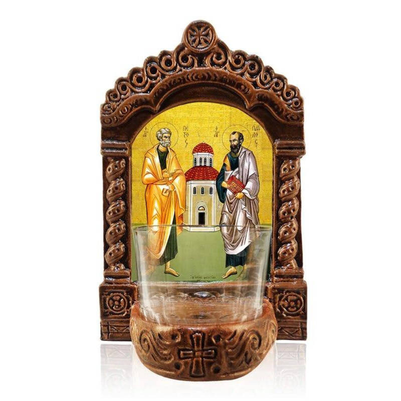 Εικόνα Ορθοδοξίας με περίγραμμα χρυσό σε ξύλο Φλαμουρίας  με  βάση Φωτιστικό Αγρυπνίας Αγίου Πέτρου και Παύλου, Επιτραπέζια εικόνα των Αγίων Πέτρου και Παύλου Ελληνικής κατασκευής, Χειροποίητο Κεραμικό Φωτιστικό με Γυάλινο Κύπελλο Διάσταση 10x7 cm (3,9 x 2,8 ίντσες) INTRAEK-816723875