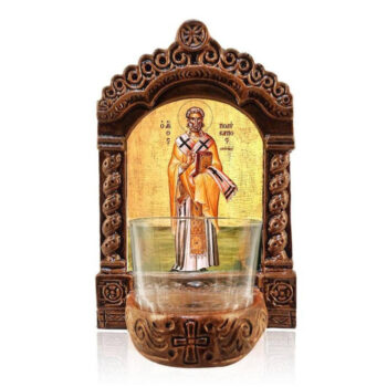 Εικόνα Ορθοδοξίας με περίγραμμα χρυσό σε ξύλο Φλαμουρίας  με  βάση Αγρυπνός Άγιος Πολύκαρπος, Άγιος Πολύκαρπος Σμύρνης Ελληνική Επιτραπέζια Εικόνα, Χειροποίητο Κεραμικό Φωτιστικό με Γυάλινο Κύπελλο Διάσταση 15x11 cm (5,9 x 4,3 ίντσες) INTRAEK-16723874 - Image 1