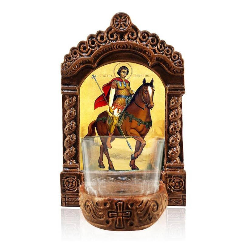Εικόνα Ορθοδοξίας με περίγραμμα χρυσό σε ξύλο Φλαμουρίας  με  βάση Αγρυπνός Άγιος Προκόπιος, Άγιος Προκόπιος ο Μεγαλομάρτυρας Ελληνικής κατασκευής Επιτραπέζια εικόνα, Χειροποίητο Κεραμικό Φωτιστικό Αγρυπνίας με Γυάλινο Κύπελλο Διάσταση 26x20 cm (10,2 x 7,9 ίντσες) INTRAEK-3216723873