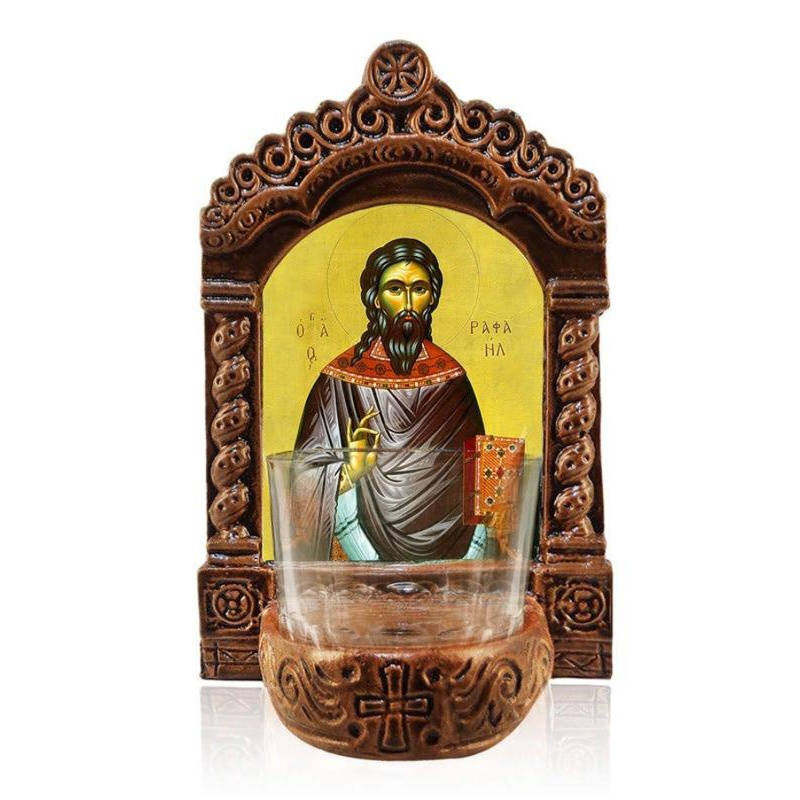 Εικόνα Ορθοδοξίας με περίγραμμα χρυσό σε ξύλο Φλαμουρίας  με  βάση Φωτιστικό Αγρυπνίας Αγίου Ραφαήλ, Επιτραπέζια Εικόνα Ελληνικής κατασκευής Αγίου Ραφαήλ, Χειροποίητο Κεραμικό Φωτιστικό με Γυάλινο Κύπελλο Διάσταση 10x7 cm (3,9 x 2,8 ίντσες) INTRAEK-816723872