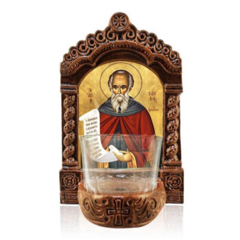 Εικόνα Ορθοδοξίας με περίγραμμα χρυσό σε ξύλο Φλαμουρίας  με  βάση Αγρυπνός Άγιος Σάββας, Άγιος Σάββας ο Αγιασμένος Ελληνικής κατασκευής Επιτραπέζια εικόνα, Χειροποίητο Κεραμικό Φωτιστικό Αγρυπνίας με Γυάλινο Κύπελλο Διάσταση 15x11 cm (5,9 x 4,3 ίντσες) INTRAEK-16723871 - Image 1