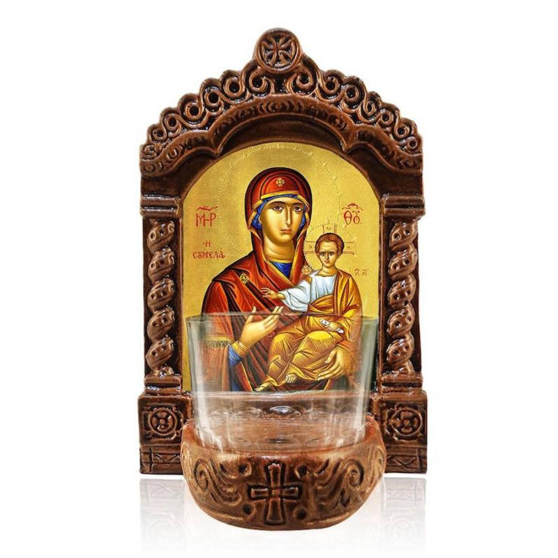 Εικόνα Ορθοδοξίας με περίγραμμα χρυσό σε ξύλο Φλαμουρίας  με  βάση Παναγία Σουμελά Φωτιστικό Αγρυπνίας, Παναγία Σουμελά Ελληνικής κατασκευής Επιτραπέζια Εικόνα, Χειροποίητο Κεραμικό Φωτιστικό Αγρυπνίας με Γυάλινο Κύπελλο Διάσταση 10x7 cm (3,9 x 2,8 ίντσες) INTRAEK-816723870