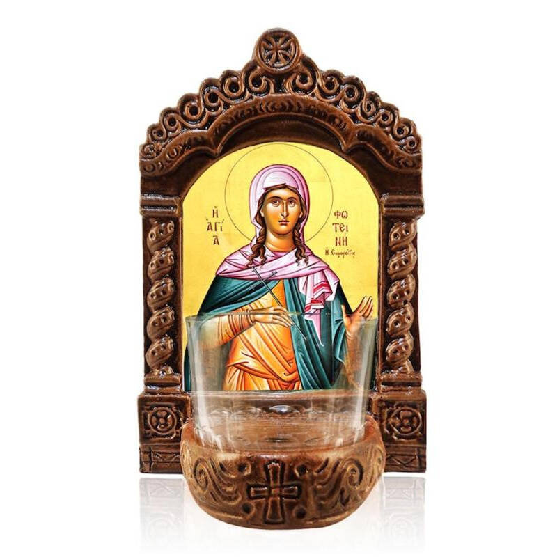 Εικόνα Ορθοδοξίας με περίγραμμα χρυσό σε ξύλο Φλαμουρίας  με  βάση Φωτιστικό Αγρυπνίας Αγίας Φωτεινής, Αγία Φωτεινή η Σαμαρείτιδα Ελληνική Επιτραπέζια Εικόνα, Χειροποίητο Κεραμικό Φωτιστικό Αγρυπνίας με Γυάλινο Κύπελλο Διάσταση 26x20 cm (10,2 x 7,9 ίντσες) INTRAEK-3216723865