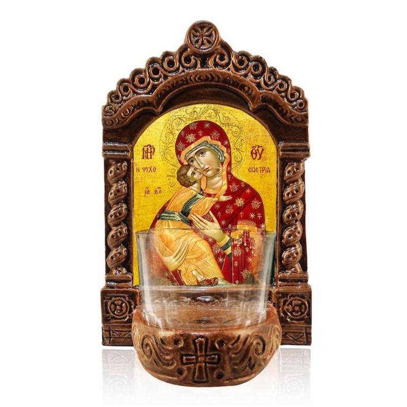 Εικόνα Ορθοδοξίας με περίγραμμα χρυσό σε ξύλο Φλαμουρίας  με  βάση Παναγία Αγρυπνία, Παναγία η Σωτήρας των Ψυχών Ελληνικής κατασκευής Επιτραπέζια Εικόνα, Χειροποίητο Κεραμικό Φωτιστικό με Γυάλινο Κύπελλο Διάσταση 10x7 cm (3,9 x 2,8 ίντσες) INTRAEK-816723862