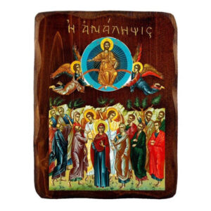 Εικόνα Ορθοδοξίας με περίγραμμα χρυσό σε ξύλο Φλαμουρίας  με  βάση Εικόνα της Ανάληψης του Ιησού, Χειροποίητη Ελληνική εικόνα της Δόξας, επιτοίχια πλάκα βυζαντινής τέχνης, θρησκευτικό δώρο, χριστιανική διακόσμηση Διάσταση 15x11 cm (5,9 x 4,3 ίντσες) INTRAEK-16723856