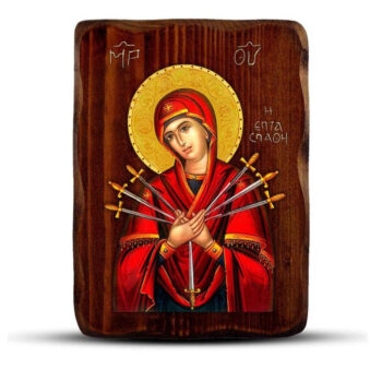 Εικόνα Ορθοδοξίας με περίγραμμα χρυσό σε ξύλο Φλαμουρίας με βάση Παναγία των Θλίψεων-Εφτά ξίφη εικόνα, Χειροποίητη Ξύλινη εικόνα Παναγίας Επτασπάθη, τοίχος βυζαντινής τέχνης, θρησκευτικό δώρο, χριστιανική διακόσμηση Διάσταση 15x11 cm (5,9 x 4,3 ίντσες) INTRAEK-16723853 - Image 1