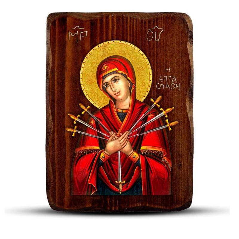 Εικόνα Ορθοδοξίας με περίγραμμα χρυσό σε ξύλο Φλαμουρίας  με  βάση Παναγία των Θλίψεων-Εφτά ξίφη εικόνα, Χειροποίητη Ξύλινη εικόνα Παναγίας Επτασπάθη, τοίχος βυζαντινής τέχνης, θρησκευτικό δώρο, χριστιανική διακόσμηση Διάσταση 10x7 cm (3,9 x 2,8 ίντσες) INTRAEK-816723853
