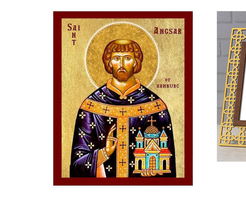 Εικόνα Ορθοδοξίας με περίγραμμα χρυσό σε ξύλο Φλαμουρίας  με  βάση Εικόνα Αγίου Άνσγκαρ του Αμβούργου, Χειροποίητη Χριστιανική Εικόνα του Αγίου Ανσγκάρ, Κρεμαστή πλάκα Βυζαντινής Τέχνης, Χριστιανική Θρησκευτική Τέχνη Διάσταση 10x7 cm (3,9 x 2,8 ίντσες) INTRAEK-816723828