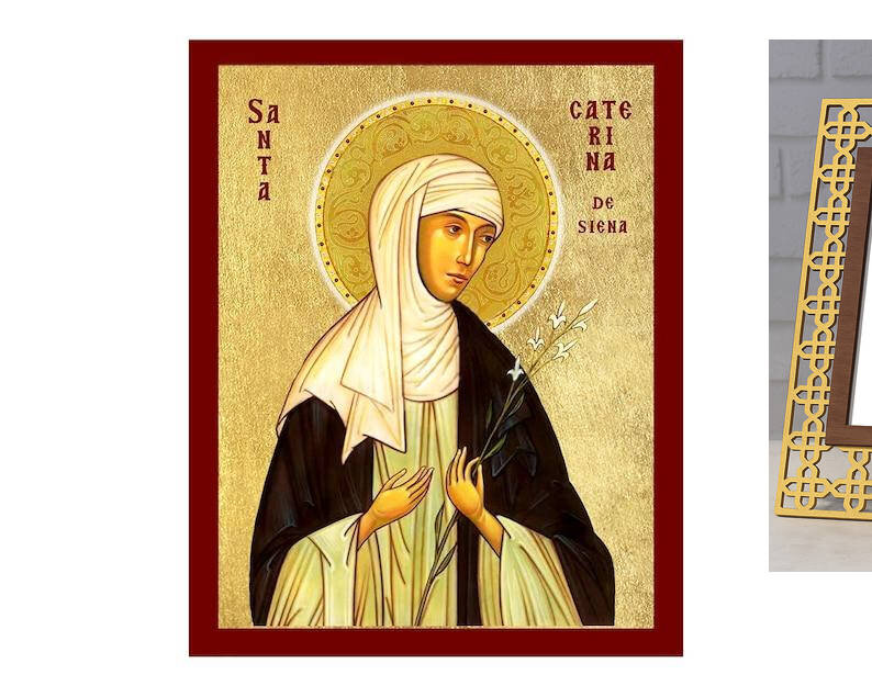 Εικόνα Ορθοδοξίας με περίγραμμα χρυσό σε ξύλο Φλαμουρίας  με  βάση Εικόνα Αγίας Αικατερίνης της Σιένα, Χειροποίητη Χριστιανική Εικόνα της Αγίας Αικατερίνης, Πλακέτα Βυζαντινής Τέχνης, Χριστιανική Θρησκευτική Τέχνη Διάσταση 10x7 cm (3,9 x 2,8 ίντσες) INTRAEK-816723826