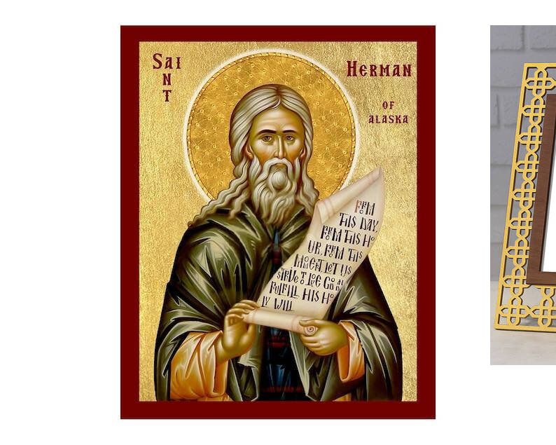 Εικόνα Ορθοδοξίας με περίγραμμα χρυσό σε ξύλο Φλαμουρίας  με  βάση Εικόνα Αγίου Ερμάν της Αλάσκας, Χειροποίητη Χριστιανική Εικόνα Αγίου Ερμάν, Κρεμαστή πλάκα Βυζαντινής Τέχνης, Χριστιανική Θρησκευτική Τέχνη Διάσταση 10x7 cm (3,9 x 2,8 ίντσες) INTRAEK-816723820