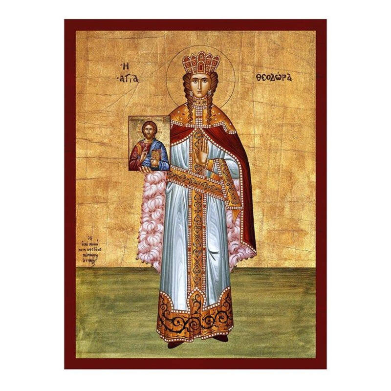 Εικόνα Ορθοδοξίας με περίγραμμα χρυσό σε ξύλο Φλαμουρίας  με  βάση Εικόνα Αγίας Θεοδώρας της Αυτοκράτειρας, Χειροποίητη ελληνική εικόνα της Αγίας Θεοδώρας, επιτοίχια πλάκα βυζαντινής τέχνης, χριστιανικό δώρο Διάσταση 26x20 cm (10,2 x 7,9 ίντσες) INTRAEK-3216723800