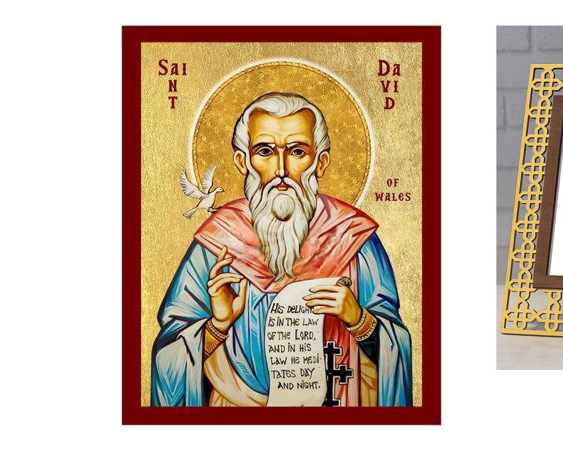 Εικόνα Ορθοδοξίας με περίγραμμα χρυσό σε ξύλο Φλαμουρίας  με  βάση Εικόνα Αγίου Δαβίδ της Ουαλίας, Χειροποίητη Θρησκευτική Εικόνα του Αγίου Δαυίδ της Ουαλίας, Πλακέτα Βυζαντινής Τέχνης, Χριστιανική Θρησκευτική Τέχνη Διάσταση 10x7 cm (3,9 x 2,8 ίντσες) INTRAEK-816723787