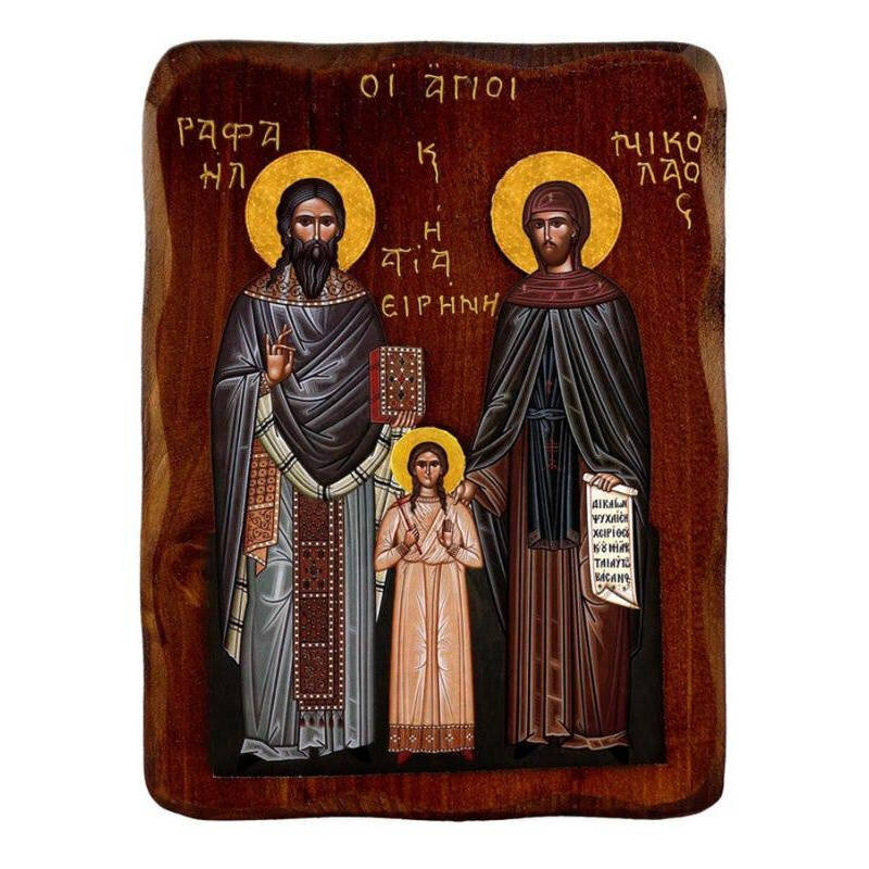 Εικόνα Ορθοδοξίας με περίγραμμα χρυσό σε ξύλο Φλαμουρίας  με  βάση Εικόνα Αγίων Ραφαήλ, Νικολάου και Ειρήνης, Χειροποίητη ελληνορθόδοξη εικόνα, επιτοίχια πλάκα βυζαντινής τέχνης, θρησκευτικό δώρο, χριστιανική διακόσμηση Διάσταση 26x20 cm (10,2 x 7,9 ίντσες) INTRAEK-3216723786
