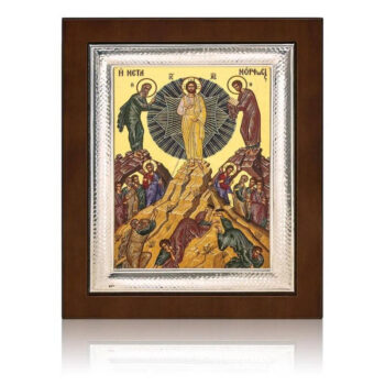 Εικόνα Ορθοδοξίας με περίγραμμα χρυσό σε ξύλο Φλαμουρίας  με  βάση Εικόνα Η Μεταμόρφωση του Ιησού Χριστού, Σφράγιση χρυσού φύλλου με διακοσμητικό ασημένιο φιλμ, 27x22 εκ., Χειροποίητη Θρησκευτική Τέχνη, Χριστιανικό Δώρο Διάσταση 15x11 cm (5,9 x 4,3 ίντσες) INTRAEK-16723772 - Image 1