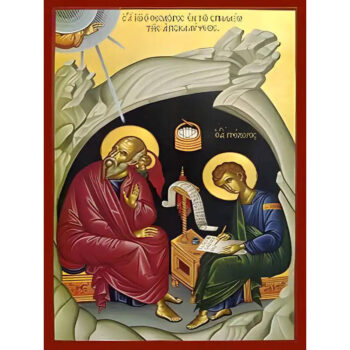 Εικόνα Ορθοδοξίας με περίγραμμα χρυσό σε ξύλο Φλαμουρίας  με  βάση Εικόνα ΑΓΙΟΣ ΑΠΟΣΤΟΛΟΣ ΚΑΙ ΕΥΑΓΓΕΛΙΣΤΗΣ ΙΩΑΝΝΗΣ Ο ΘΕΟΛΟΓΟΣ ΚΑΙ ΑΓΙΟΣ ΑΠΟΣΤΟΛΟΣ ΠΡΟΧΟΡΟΣ ΣΕ ΣΠΗΛΑΙΟ, ΟΛΟΣΩΜΟΙ Χειροποίητη Ελληνορθόδοξη εικόνα του Ιησού Χριστού, Κρεμαστή πλάκα βυζαντινής τέχνης, χριστιανική τέχνη Διάσταση 15x11 cm (5,9x4,3 ίντσες)  INTRAEK-337757865054 - Image 1