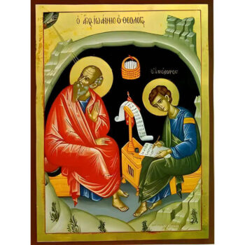 Εικόνα Ορθοδοξίας με περίγραμμα χρυσό σε ξύλο Φλαμουρίας  με  βάση Εικόνα ΑΓΙΟΣ ΑΠΟΣΤΟΛΟΣ ΚΑΙ ΕΥΑΓΓΕΛΙΣΤΗΣ ΙΩΑΝΝΗΣ Ο ΘΕΟΛΟΓΟΣ ΚΑΙ ΑΓΙΟΣ ΑΠΟΣΤΟΛΟΣ ΠΡΟΧΟΡΟΣ ΣΕ ΣΠΗΛΑΙΟ, ΟΛΟΣΩΜΟΙ Χειροποίητη Ελληνορθόδοξη εικόνα του Ιησού Χριστού, Κρεμαστή πλάκα βυζαντινής τέχνης, χριστιανική τέχνη Διάσταση 15x11 cm (5,9x4,3 ίντσες)  INTRAEK-337757865053 - Image 1