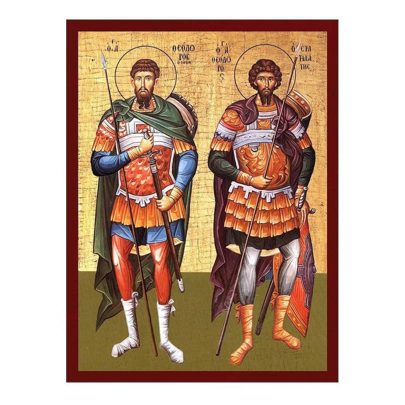 Εικόνα Ορθοδοξίας με περίγραμμα χρυσό σε ξύλο Φλαμουρίας  με  βάση Άγιοι Θεόδωρος ο Τύρος και Θεόδωρος ο Στρατηλάτης εικόνα, Χειροποίητη ελληνική εικόνα, επιτοίχια πλάκα βυζαντινής τέχνης, χριστιανικό δώρο Διάσταση 26x20 cm (10,2 x 7,9 ίντσες) INTRAEK-3216723762