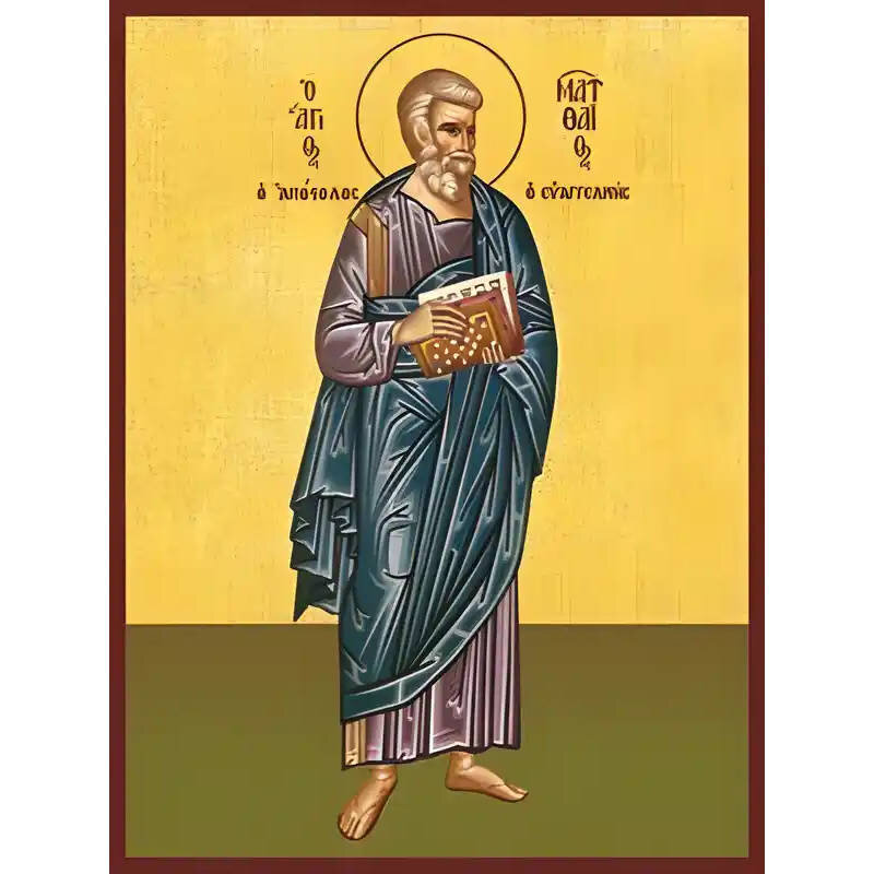 Εικόνα Ορθοδοξίας με περίγραμμα χρυσό σε ξύλο Φλαμουρίας  με  βάση Εικόνα ΑΓΙΟΣ ΑΠΟΣΤΟΛΟΣ ΚΑΙ ΕΥΑΓΓΕΛΙΣΤΗΣ ΜΑΤΘΑΙΟΣ, ΟΛΟΣΩΜΟΣ Χειροποίητη Ελληνορθόδοξη εικόνα του Ιησού Χριστού, Κρεμαστή πλάκα βυζαντινής τέχνης, χριστιανική τέχνη Διάσταση 15x11 cm (5,9x4,3 ίντσες)  INTRAEK-337757865032