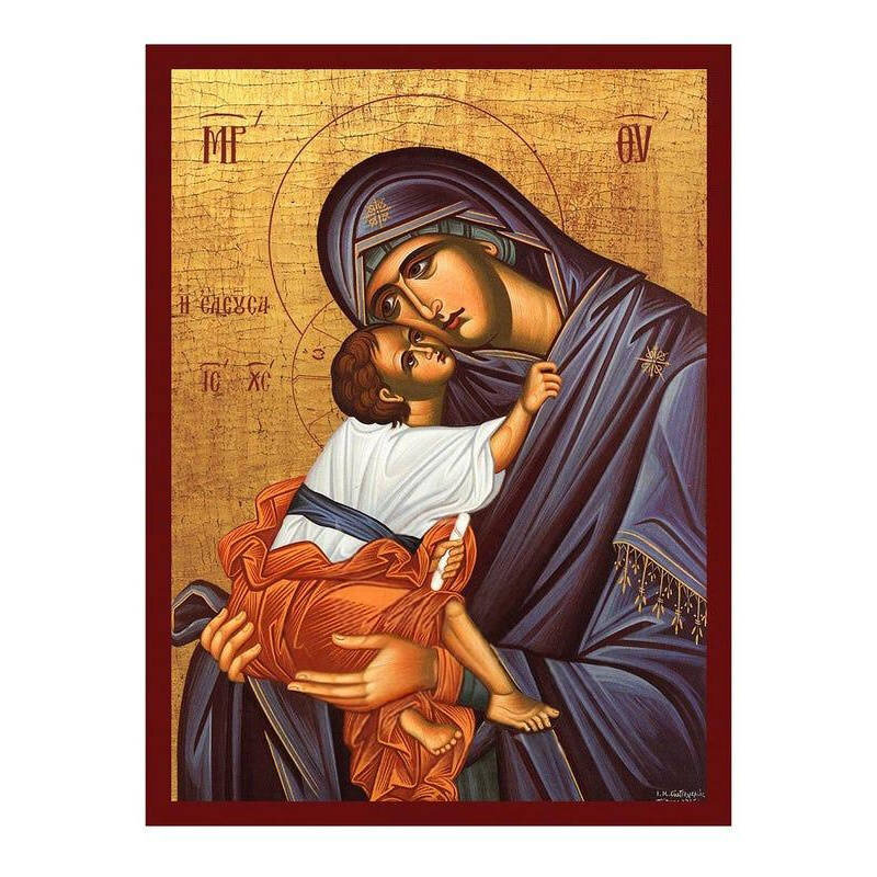 Εικόνα Ορθοδοξίας με περίγραμμα χρυσό σε ξύλο Φλαμουρίας  με  βάση Παναγία Η Ελεήμων Μητέρα Εικόνα, Χειροποίητη Ελληνική εικόνα της Παναγίας Ελεούσας, επιτοίχια βυζαντινή τέχνη, χριστιανικό δώρο Διάσταση 26x20 cm (10,2 x 7,9 ίντσες) INTRAEK-3216723735