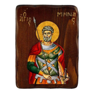 Εικόνα Ορθοδοξίας με περίγραμμα χρυσό σε ξύλο Φλαμουρίας με βάση Εικόνα Αγίου Μηνά, Χειροποίητη ελληνορθόδοξη εικόνα του Αγίου Μηνά, επιτοίχια πλάκα βυζαντινής τέχνης, θρησκευτικό δώρο, χριστιανική διακόσμηση Διάσταση 15x11 cm (5,9 x 4,3 ίντσες) INTRAEK-16723730