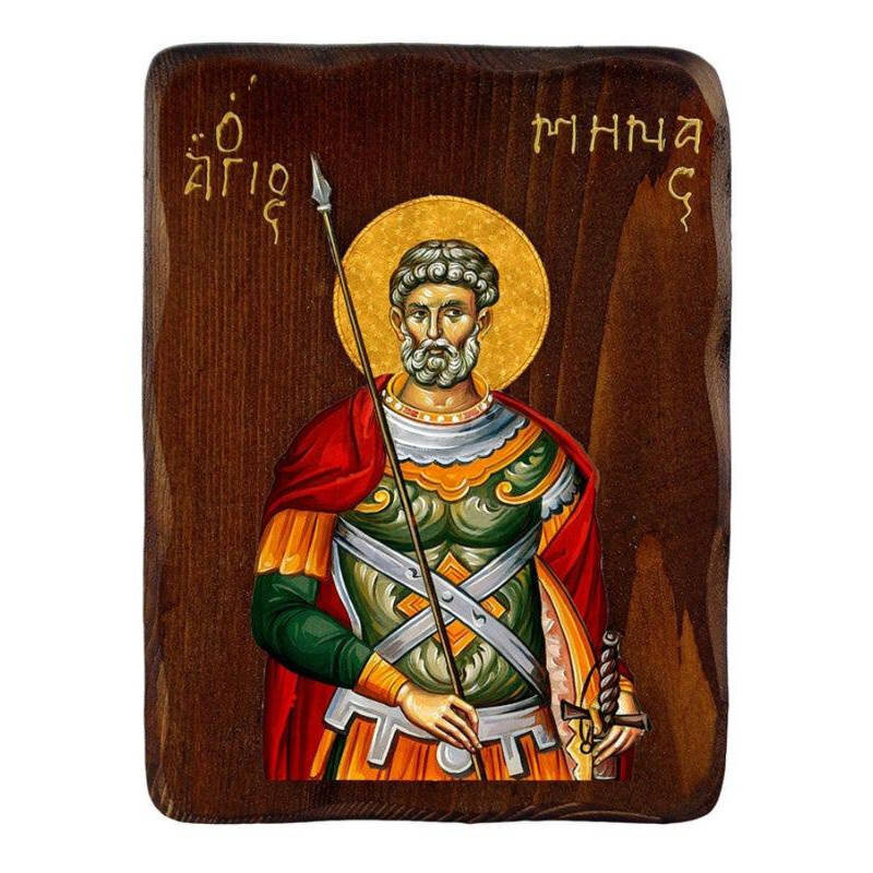 Εικόνα Ορθοδοξίας με περίγραμμα χρυσό σε ξύλο Φλαμουρίας  με  βάση Εικόνα Αγίου Μηνά, Χειροποίητη ελληνορθόδοξη εικόνα του Αγίου Μηνά, επιτοίχια πλάκα βυζαντινής τέχνης, θρησκευτικό δώρο, χριστιανική διακόσμηση Διάσταση 26x20 cm (10,2 x 7,9 ίντσες) INTRAEK-3216723730