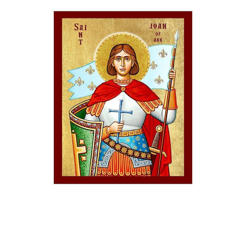 Εικόνα Ορθοδοξίας με περίγραμμα χρυσό σε ξύλο Φλαμουρίας  με  βάση Εικόνα της Αγίας Ιωάννας της Αρκίας, Χειροποίητη Θρησκευτική Εικόνα της Αγίας Ιωάννας της Αρκίας, Κρεμαστή πλάκα Βυζαντινής Τέχνης, Χριστιανική Θρησκευτική Τέχνη Διάσταση 10x7 cm (3,9 x 2,8 ίντσες) INTRAEK-816723719