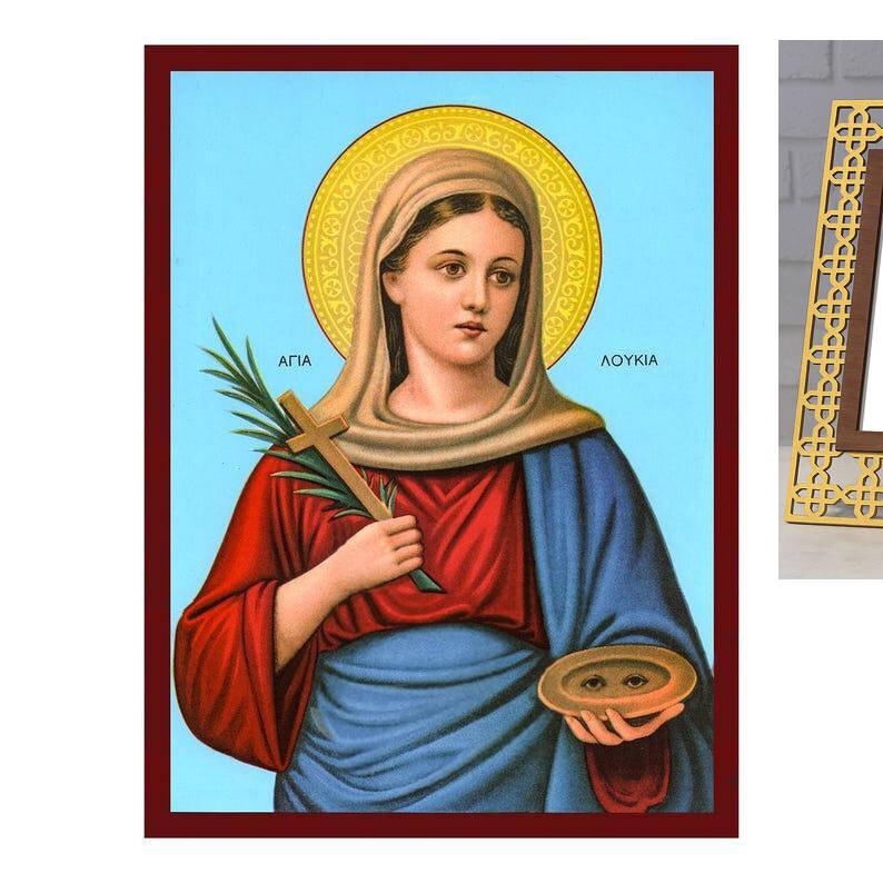 Εικόνα Ορθοδοξίας με περίγραμμα χρυσό σε ξύλο Φλαμουρίας  με  βάση Εικόνα Αγίας Λουκίας, Χειροποίητη Βυζαντινή εικόνα της Αγίας Λουκίας, Κρεμαστή πλάκα θρησκευτικής τέχνης, Χριστιανικό δώρο Διάσταση 26x20 cm (10,2 x 7,9 ίντσες) INTRAEK-3216723715