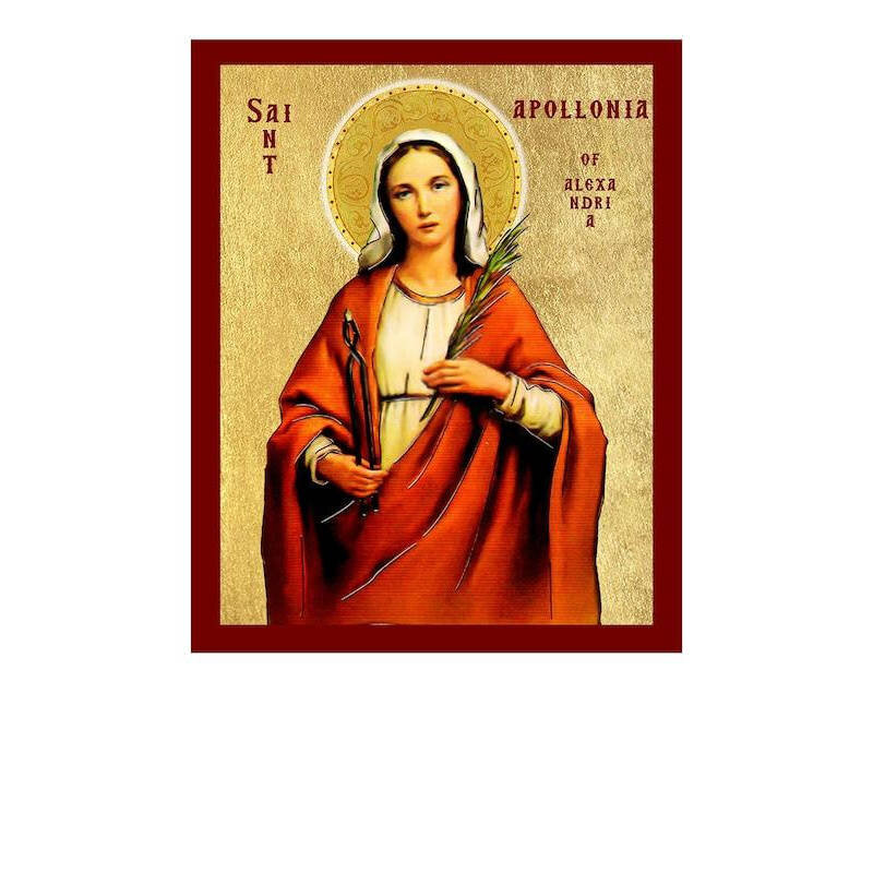 Εικόνα Ορθοδοξίας με περίγραμμα χρυσό σε ξύλο Φλαμουρίας  με  βάση Εικόνα Αγίας Απολλωνίας Στρασβούργου, Χειροποίητη Χριστιανική Εικόνα Αγίας Απολλωνίας, Κρεμαστή πλάκα Βυζαντινής Τέχνης, Χριστιανική Θρησκευτική Τέχνη Διάσταση 26x20 cm (10,2 x 7,9 ίντσες) INTRAEK-3216723714