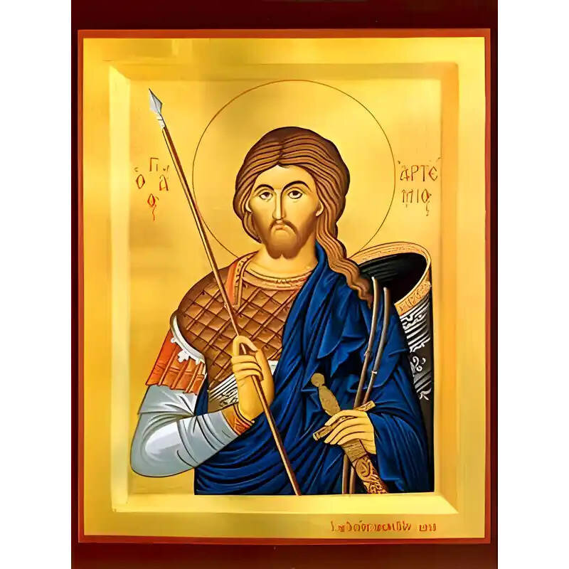 Εικόνα Ορθοδοξίας με περίγραμμα χρυσό σε ξύλο Φλαμουρίας  με  βάση Εικόνα ΑΓΙΟΣ ΑΡΤΕΜΙΟΣ, Ο ΜΕΓΑΛΟΜΑΡΤΥΣ, ΑΝΤΙΟΧΕΙΑΣ Χειροποίητη Ελληνορθόδοξη εικόνα του Ιησού Χριστού, Κρεμαστή πλάκα βυζαντινής τέχνης, χριστιανική τέχνη Διάσταση 15x11 cm (5,9x4,3 ίντσες)  INTRAEK-337757864999