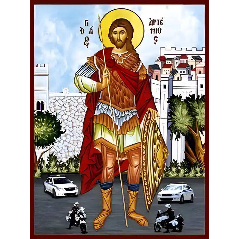Εικόνα Ορθοδοξίας με περίγραμμα χρυσό σε ξύλο Φλαμουρίας  με  βάση Εικόνα ΑΓΙΟΣ ΑΡΤΕΜΙΟΣ, Ο ΜΕΓΑΛΟΜΑΡΤΥΣ, ΑΝΤΙΟΧΕΙΑΣ, ΟΛΟΣΩΜΟΣ, ΠΡΟΣΤΑΤΗΣ ΤΩΝ ΑΣΤΥΝΟΜΙΚΩΝ Χειροποίητη Ελληνορθόδοξη εικόνα του Ιησού Χριστού, Κρεμαστή πλάκα βυζαντινής τέχνης, χριστιανική τέχνη Διάσταση 15x11 cm (5,9x4,3 ίντσες)  INTRAEK-337757864998