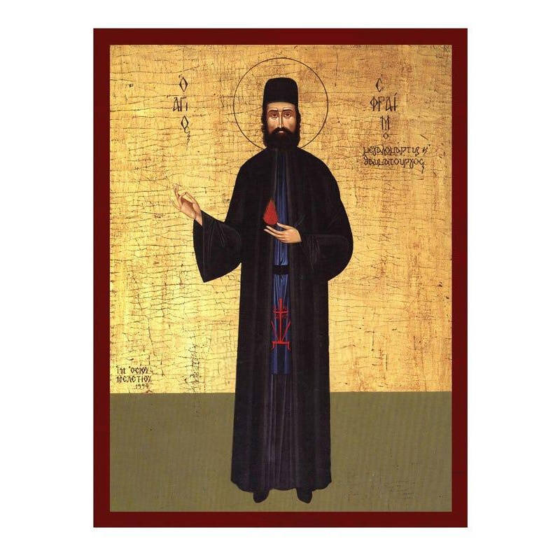 Εικόνα Ορθοδοξίας με περίγραμμα χρυσό σε ξύλο Φλαμουρίας  με  βάση Εικόνα Αγίου Εφραίμ Νέας Μάκρης, Χειροποίητη Ελληνική εικόνα Αγίου Εφραίμ, επιτοίχια πλάκα βυζαντινής τέχνης, χριστιανικό δώρο Διάσταση 26x20 cm (10,2 x 7,9 ίντσες) INTRAEK-3216723710
