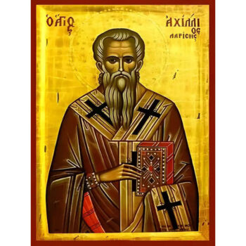 Εικόνα Ορθοδοξίας με περίγραμμα χρυσό σε ξύλο Φλαμουρίας  με  βάση Εικόνα ΑΓΙΟΣ ΑΧΙΛΛΙΟΣ, ΕΠΙΣΚΟΠΟΣ ΛΑΡΙΣΗΣ Χειροποίητη Ελληνορθόδοξη εικόνα του Ιησού Χριστού, Κρεμαστή πλάκα βυζαντινής τέχνης, χριστιανική τέχνη Διάσταση 15x11 cm (5,9x4,3 ίντσες)  INTRAEK-337757864993 - Image 1