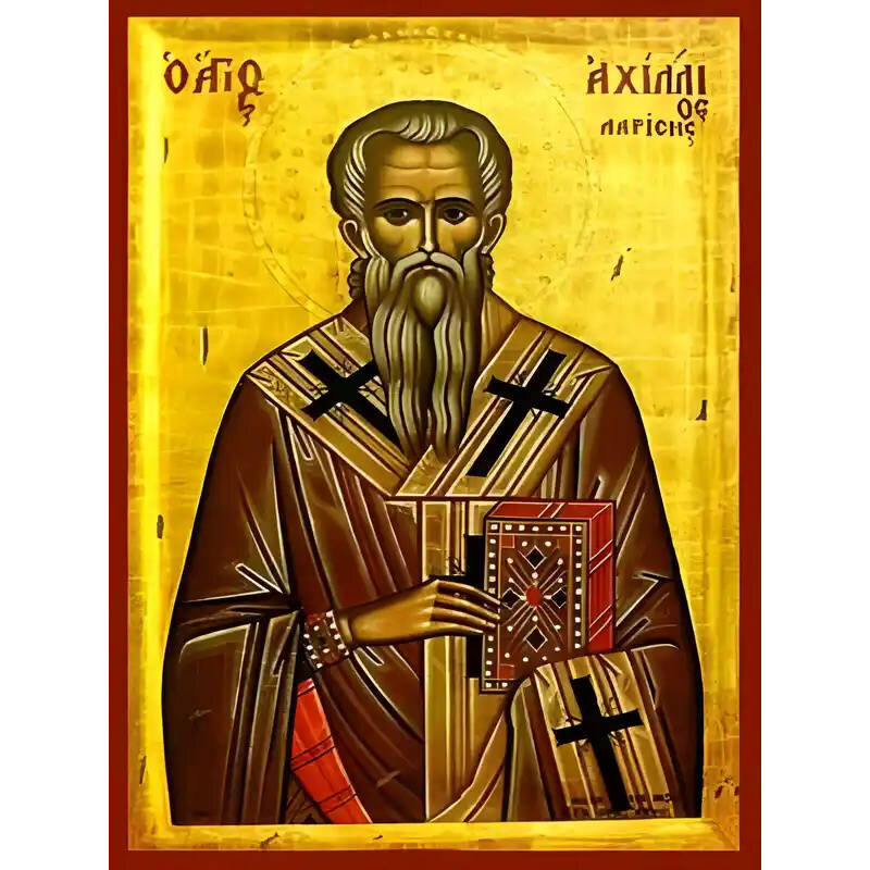 Εικόνα Ορθοδοξίας με περίγραμμα χρυσό σε ξύλο Φλαμουρίας  με  βάση Εικόνα ΑΓΙΟΣ ΑΧΙΛΛΙΟΣ, ΕΠΙΣΚΟΠΟΣ ΛΑΡΙΣΗΣ Χειροποίητη Ελληνορθόδοξη εικόνα του Ιησού Χριστού, Κρεμαστή πλάκα βυζαντινής τέχνης, χριστιανική τέχνη Διάσταση 15x11 cm (5,9x4,3 ίντσες)  INTRAEK-337757864993