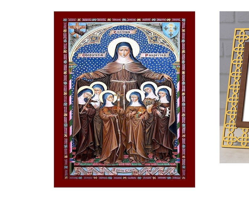 Εικόνα Ορθοδοξίας με περίγραμμα χρυσό σε ξύλο Φλαμουρίας  με  βάση Εικόνα Saint Clare of Assisi, Χειροποίητη Θρησκευτική Εικόνα Saint Clare of Assisi, Επιτοίχια Βυζαντινή Τέχνη, Χριστιανική Θρησκευτική Τέχνη Διάσταση 10x7 cm (3,9 x 2,8 ίντσες) INTRAEK-816723704