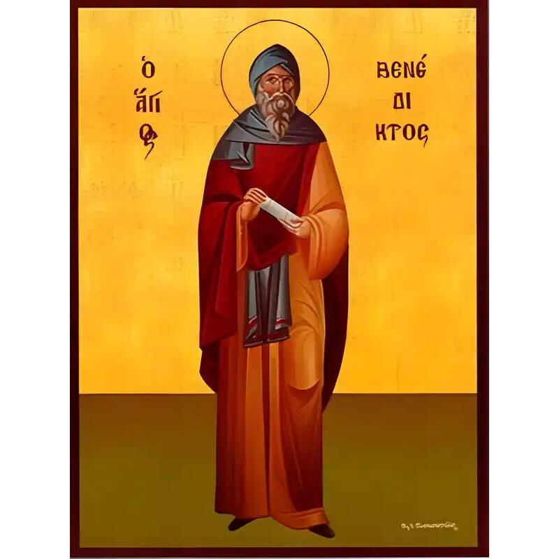 Εικόνα Ορθοδοξίας με περίγραμμα χρυσό σε ξύλο Φλαμουρίας  με  βάση Εικόνα ΑΓΙΟΣ ΒΕΝΕΔΙΚΤΟΣ ΤΗΣ ΝΟΥΡΣΙΑ, ΟΛΟΣΩΜΟΣ Χειροποίητη Ελληνορθόδοξη εικόνα του Ιησού Χριστού, Κρεμαστή πλάκα βυζαντινής τέχνης, χριστιανική τέχνη Διάσταση 15x11 cm (5,9x4,3 ίντσες)  INTRAEK-337757864984