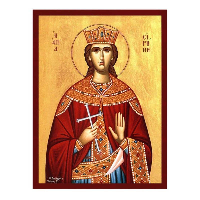 Εικόνα Ορθοδοξίας με περίγραμμα χρυσό σε ξύλο Φλαμουρίας  με  βάση Εικόνα Αγίας Ειρήνης η Μάρτυρας, Χειροποίητη Ελληνική εικόνα Αγίας Ειρήνης της Μάρτυρος, επιτοίχια πλάκα βυζαντινής τέχνης, χριστιανικό δώρο Διάσταση 10x7 cm (3,9 x 2,8 ίντσες) INTRAEK-816723692