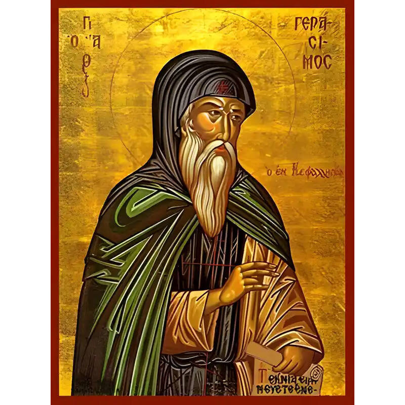 Εικόνα Ορθοδοξίας με περίγραμμα χρυσό σε ξύλο Φλαμουρίας  με  βάση Εικόνα ΑΓΙΟΣ ΓΕΡΑΣΙΜΟΣ Ο ΕΚ ΚΕΦΑΛΛΗΝΙΑΣ Χειροποίητη Ελληνορθόδοξη εικόνα του Ιησού Χριστού, Κρεμαστή πλάκα βυζαντινής τέχνης, χριστιανική τέχνη Διάσταση 15x11 cm (5,9x4,3 ίντσες)  INTRAEK-337757864970