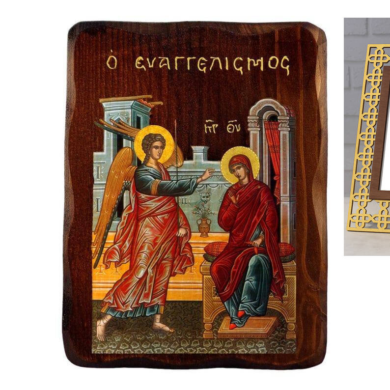 Εικόνα Ορθοδοξίας με περίγραμμα χρυσό σε ξύλο Φλαμουρίας  με  βάση Ο Ευαγγελισμός της Θεοτόκου, Χειροποίητη εικόνα του Ευαγγελισμού της Θεοτόκου, τείχος βυζαντινής τέχνης, θρησκευτικό δώρο, χριστιανική διακόσμηση Διάσταση 10x7 cm (3,9 x 2,8 ίντσες) INTRAEK-816723677