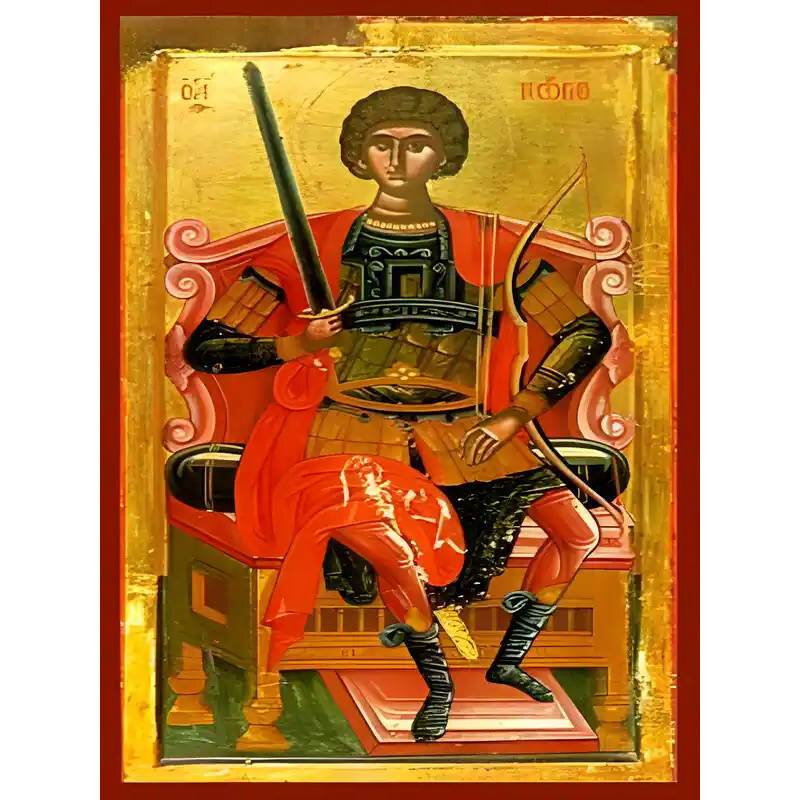 Εικόνα Ορθοδοξίας με περίγραμμα χρυσό σε ξύλο Φλαμουρίας  με  βάση Εικόνα ΑΓΙΟΣ ΓΕΩΡΓΙΟΣ Ο ΤΡΟΠΑΙΟΦΟΡΟΣ, ΕΝΘΡΟΝΟΣ Χειροποίητη Ελληνορθόδοξη εικόνα του Ιησού Χριστού, Κρεμαστή πλάκα βυζαντινής τέχνης, χριστιανική τέχνη Διάσταση 15x11 cm (5,9x4,3 ίντσες)  INTRAEK-337757864957