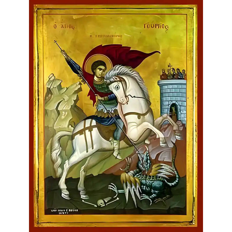 Εικόνα Ορθοδοξίας με περίγραμμα χρυσό σε ξύλο Φλαμουρίας  με  βάση Εικόνα ΑΓΙΟΣ ΓΕΩΡΓΙΟΣ Ο ΤΡΟΠΑΙΟΦΟΡΟΣ, ΕΦΙΠΠΟΣ Χειροποίητη Ελληνορθόδοξη εικόνα του Ιησού Χριστού, Κρεμαστή πλάκα βυζαντινής τέχνης, χριστιανική τέχνη Διάσταση 15x11 cm (5,9x4,3 ίντσες)  INTRAEK-337757864956