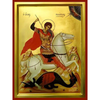 Εικόνα Ορθοδοξίας με περίγραμμα χρυσό σε ξύλο Φλαμουρίας  με  βάση Εικόνα ΑΓΙΟΣ ΓΕΩΡΓΙΟΣ Ο ΤΡΟΠΑΙΟΦΟΡΟΣ, ΕΦΙΠΠΟΣ Χειροποίητη Ελληνορθόδοξη εικόνα του Ιησού Χριστού, Κρεμαστή πλάκα βυζαντινής τέχνης, χριστιανική τέχνη Διάσταση 15x11 cm (5,9x4,3 ίντσες)  INTRAEK-337757864955 - Image 1
