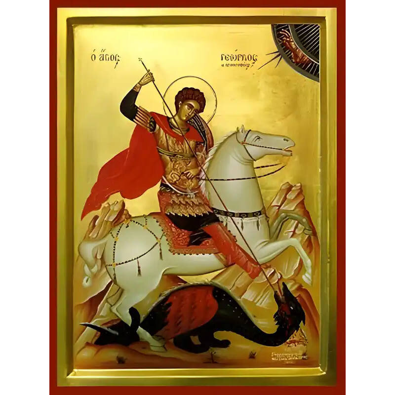 Εικόνα Ορθοδοξίας με περίγραμμα χρυσό σε ξύλο Φλαμουρίας  με  βάση Εικόνα ΑΓΙΟΣ ΓΕΩΡΓΙΟΣ Ο ΤΡΟΠΑΙΟΦΟΡΟΣ, ΕΦΙΠΠΟΣ Χειροποίητη Ελληνορθόδοξη εικόνα του Ιησού Χριστού, Κρεμαστή πλάκα βυζαντινής τέχνης, χριστιανική τέχνη Διάσταση 15x11 cm (5,9x4,3 ίντσες)  INTRAEK-337757864955