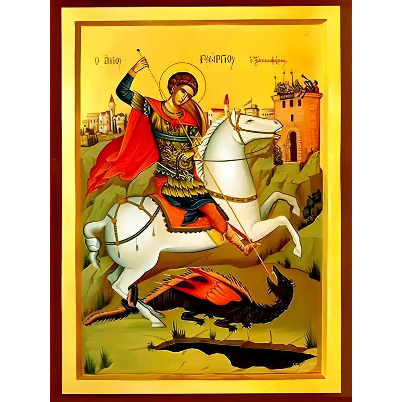Εικόνα Ορθοδοξίας με περίγραμμα χρυσό σε ξύλο Φλαμουρίας  με  βάση Εικόνα ΑΓΙΟΣ ΓΕΩΡΓΙΟΣ Ο ΤΡΟΠΑΙΟΦΟΡΟΣ, ΕΦΙΠΠΟΣ Χειροποίητη Ελληνορθόδοξη εικόνα του Ιησού Χριστού, Κρεμαστή πλάκα βυζαντινής τέχνης, χριστιανική τέχνη Διάσταση 15x11 cm (5,9x4,3 ίντσες)  INTRAEK-337757864954
